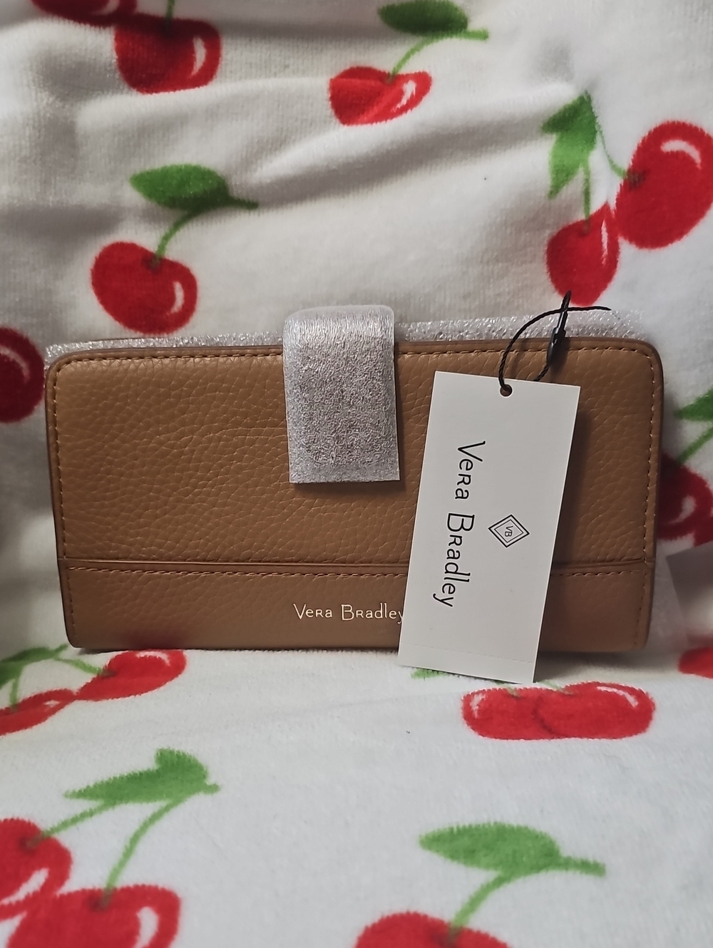 Vera Bradley RFID Finley Pebbled Leather Wallet with Silver Snap Tab In Camel